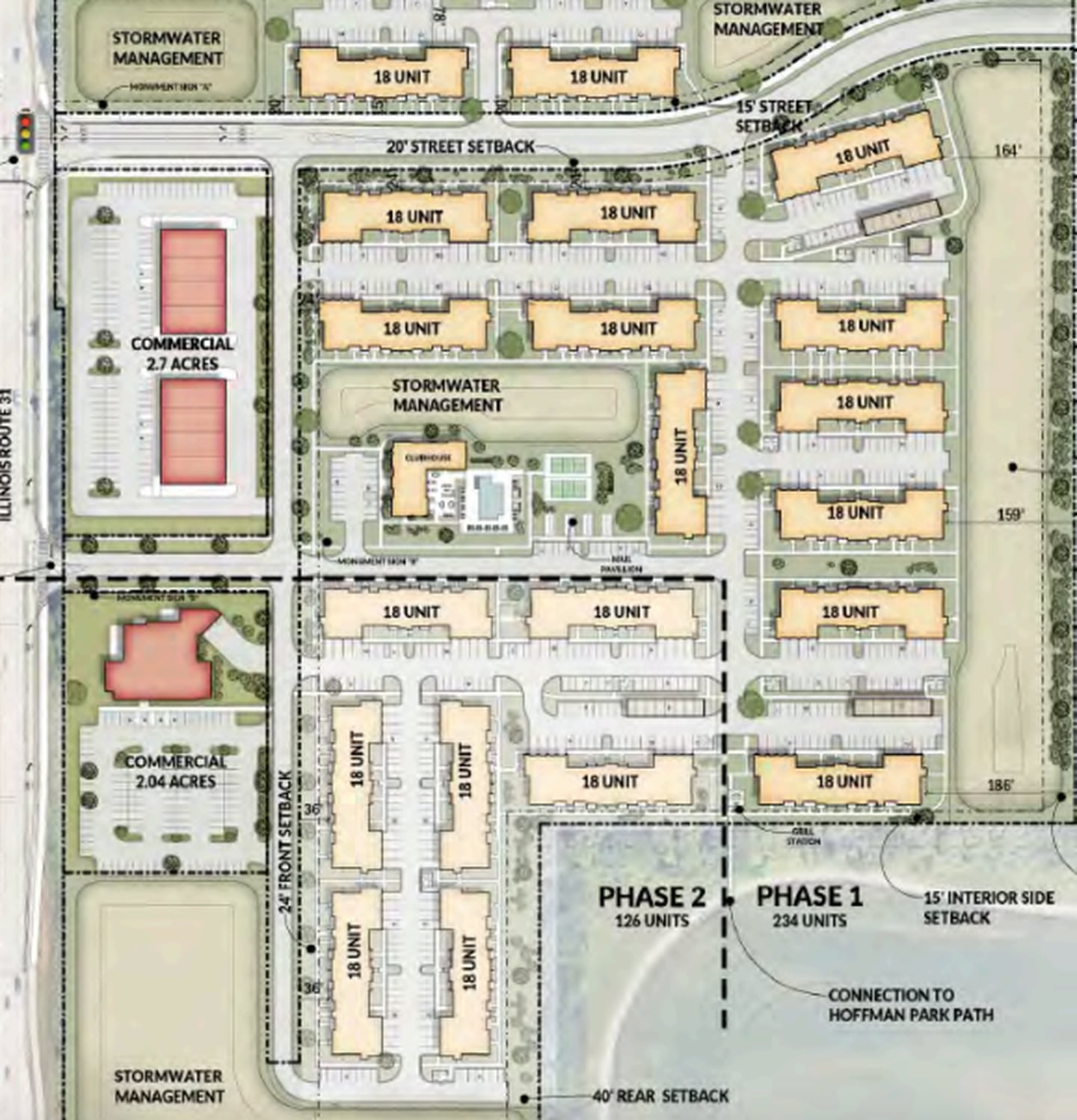 A site layout of the Seasons at Cary mixed-use development in Cary, located east of Route 31, south of the Walmart Supercenter.