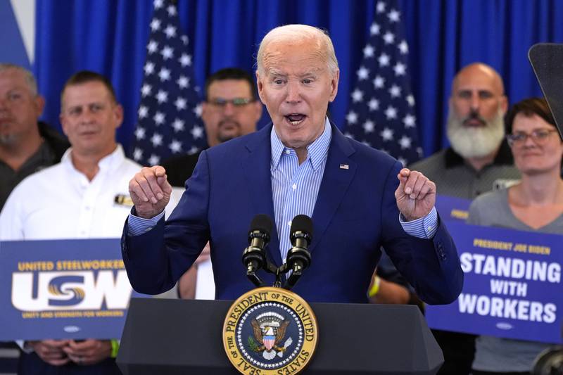 President Joe Biden speaks at the United Steelworkers Headquarters in Pittsburgh, Wednesday, April 17, 2024. (AP Photo/Gene J. Puskar)