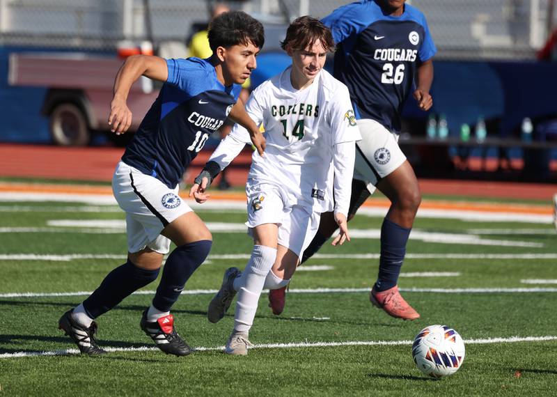 Coal City's Creed Macaluso and \a10 try to chase down the ball Friday, Nov. 7, 2025, during their Class 1A state third place game at Hoffman Estates High School.