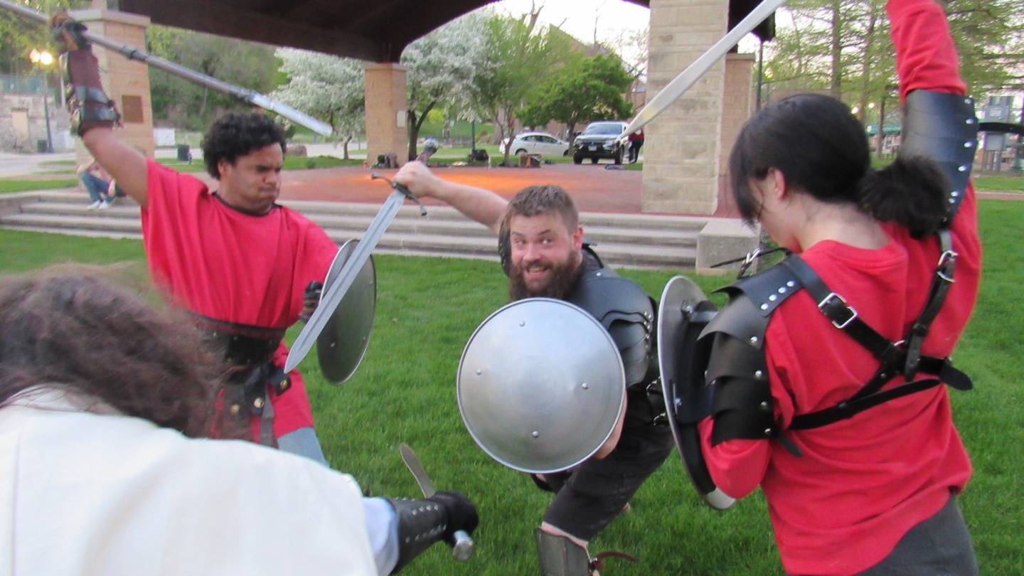 Billie Limacher Bicentennial Park and Theatre Shakespeare's "Coriolanus" from Thursday, May 18 to Sunday, May 21 on the outdoor pavilion. The performances will include choreographed fight scenes. Pictured from left are Isaiah Sanchez, Steven Del Real & Leah Meeder and Abby White in the foreground.