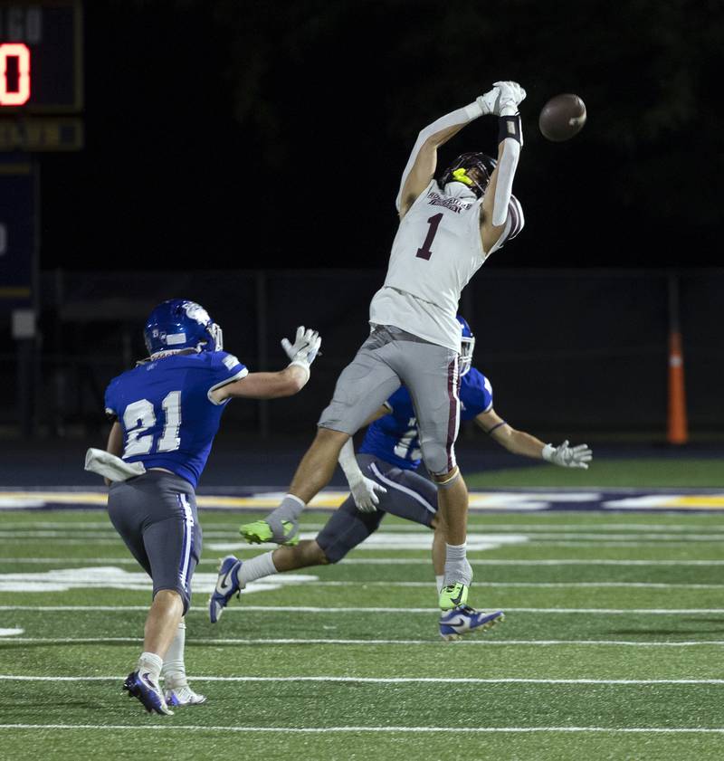 Rockridge’s Trevor Dye is unable to haul in a pass against Newman Friday, Sept. 27, 2024, in Sterling.