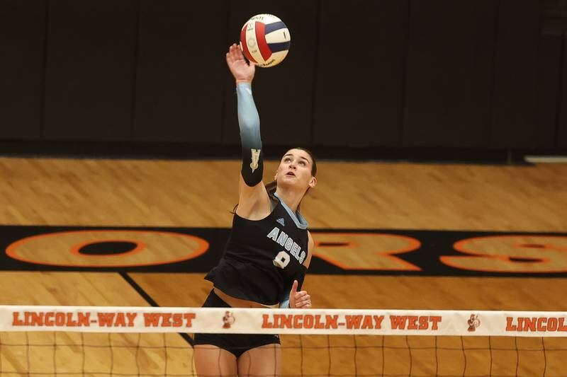 Joliet Catholic’s Olivia Chovanec goes up for the kill against Plainfield South in the Class 4A Lincoln-Way West Regional semifinal on Tuesday, Oct. 29, 2024 in New Lenox.