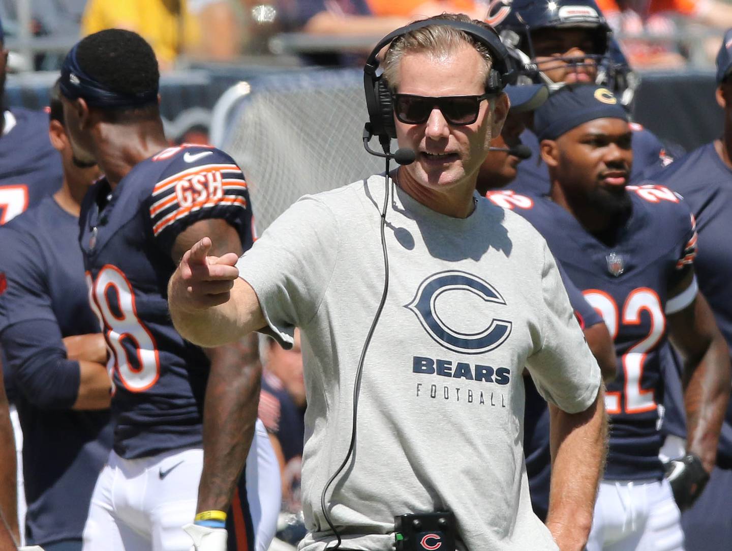 Chicago Bears head coach Matt Eberflus talks to his team during their preseason game against the Tennessee Titans Saturday, Aug. 12, 2023, at Soldier Field in Chicago.