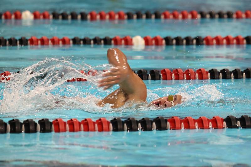 Bradley-Bourbonnais' Jett Baker competes in the 500-yard freestyle race during the All-City meet on Tuesday, Jan. 6, 2026.
