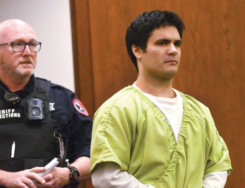 Jonathon Gounaris enters a courtroom at the Ogle County Judicial Center in Oregon on Thursday, Oct. 30, 2025.
