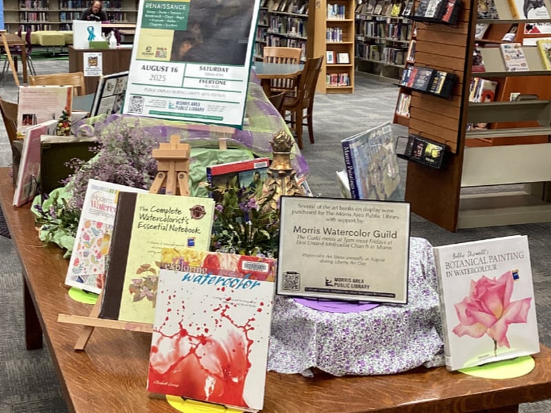 Some of the new art books purchased by the Morris Area Public Library thanks to a donation from the Morris Watercolor Guild.
