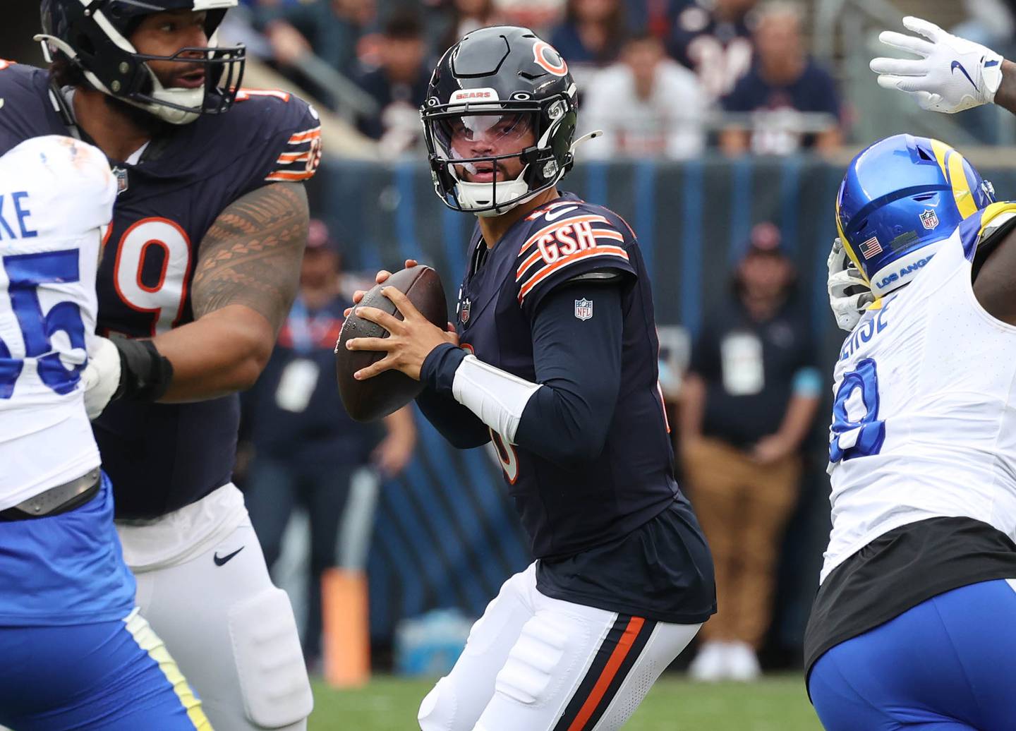 Chicago Bears quarterback Caleb Williams drops back to pass during their game against the Los Angeles Rams Sunday, Sept. 29, 2024, at Soldier Field in Chicago.