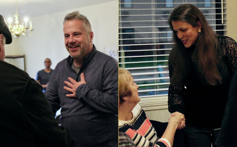 Democratic candidate Eric Sorensen, left, and Republican candidate Esther Joy King, right, made appeals to supporters on Saturday morning in Rock Falls.