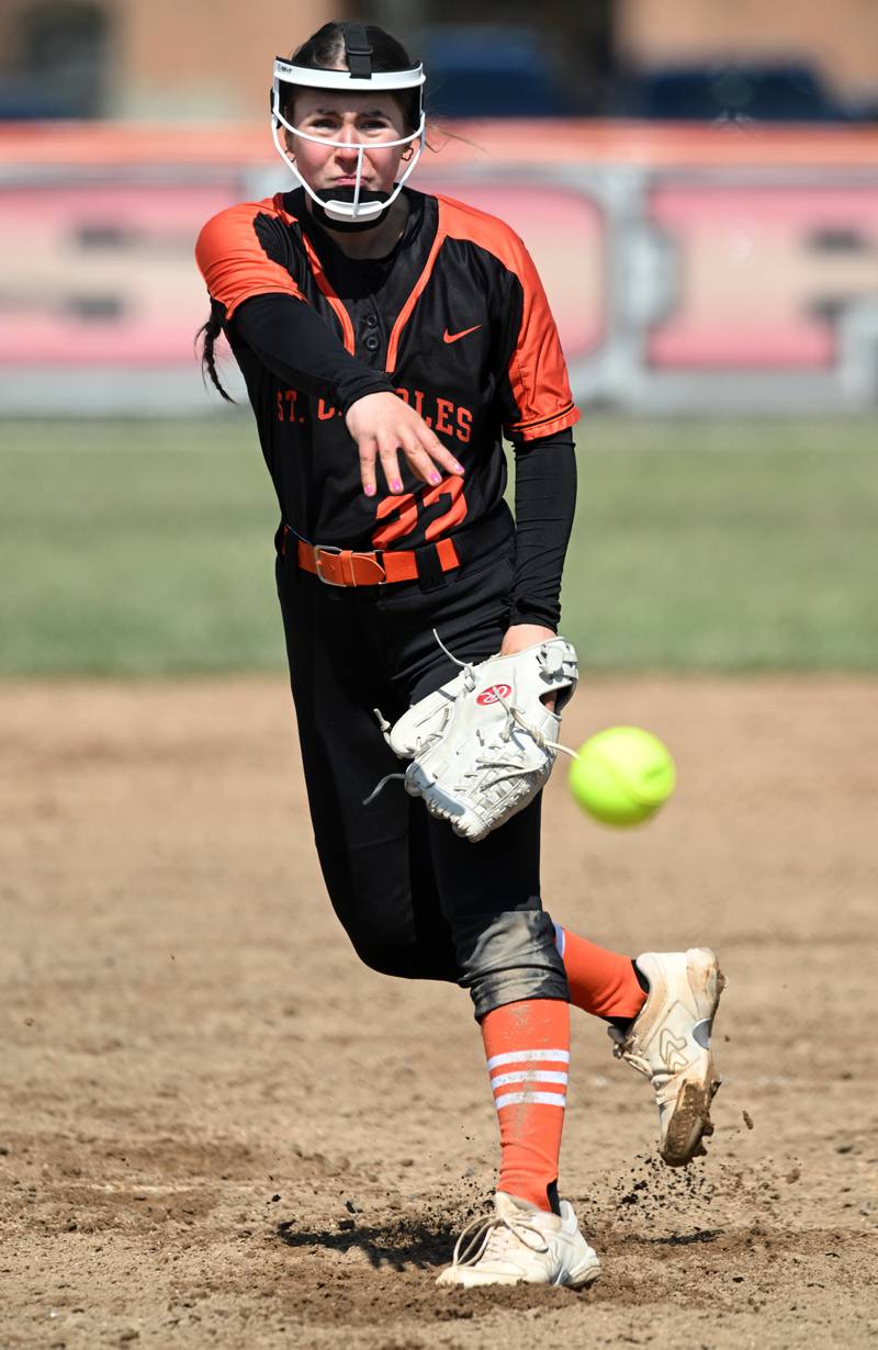 St. Charles East’s Makayla Van Dinther delivers a pitch against Huntley on Thursday, March 28, 2024 in St. Charles.