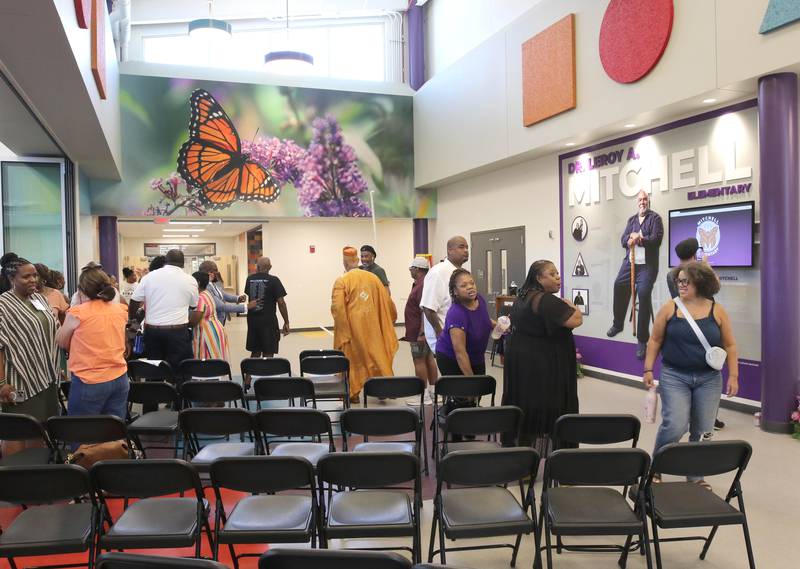 The entryway at the new Mitchell Elementary School Friday, Aug. 8, 2025, during the grand opening celebration at the school in DeKalb.