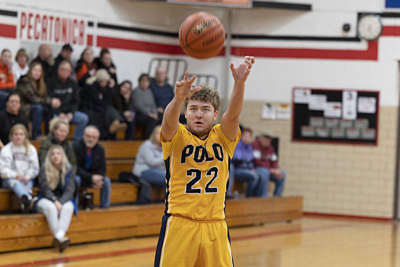 Polo’s Brady Wolber puts up a three pointer against Milledgeville Monday, Dec. 19, 2022 in the Forreston Holiday Tournament.