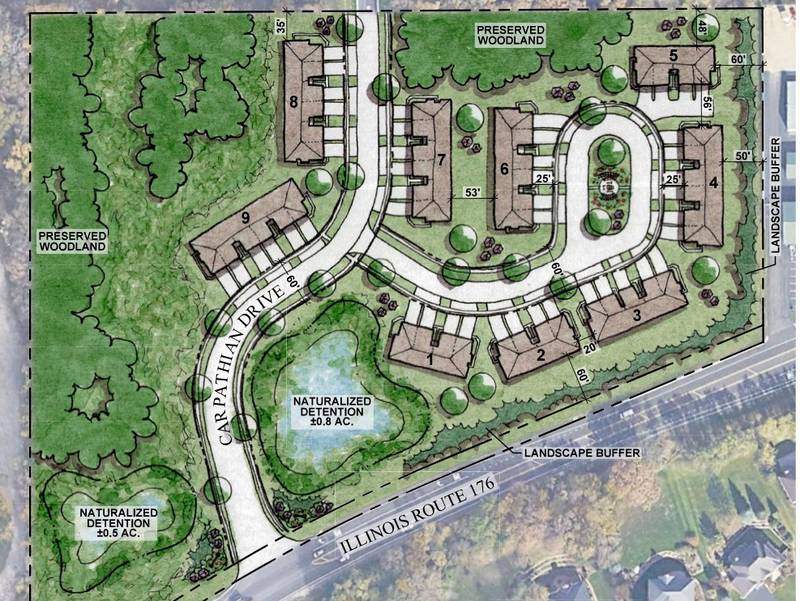 Developer Lennar Homes showed preliminary renderings, including elevations, for an unnamed 47-unit townhome project proposal on Jan. 18, 2023, before the Crystal Lake Planning and Zoning Commission. The proposal features a large amount of green space and would serve as a southern entryway to the Woodlore Estates neighborhood.