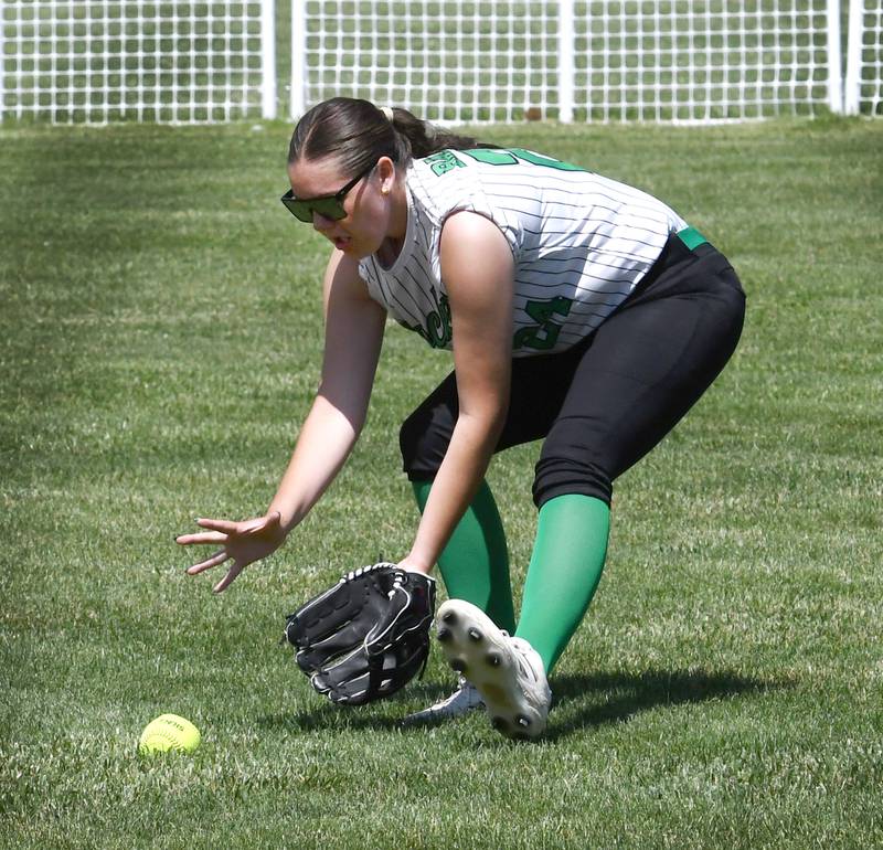 Rock Falls' Abigail Baldwin fields a ball in right field during the 2A championship regional against Oregon on Saturday, May 23, 2026 at Oregon Park West.