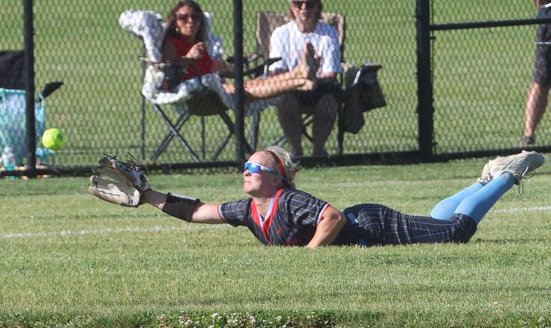 Ottawa's Reese Purcell dives and misses the ball during the Class 3A semifinal game on Tuesday, May 26, 2026 at the L-P Athletic Complex in La Salle.