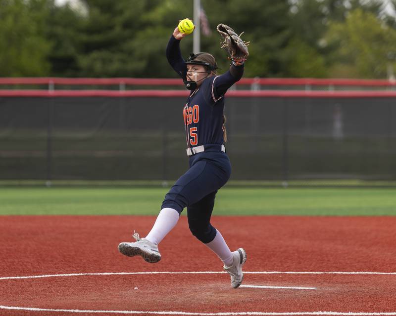 Oswego's Adalynn Fugitt (5) delivers to the plate during softball game between Oswego at Yorkville. May 5, 2026 in Yorkville.