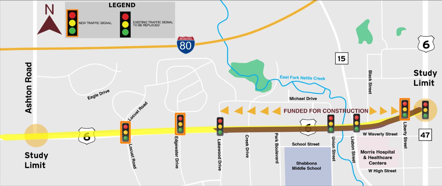 The scope of the study begins at Ashton Road and ends at Illinois Route 47. This map shows where additional stoplights would be added at Locust Road, Edgewater Drive and Liberty Street.