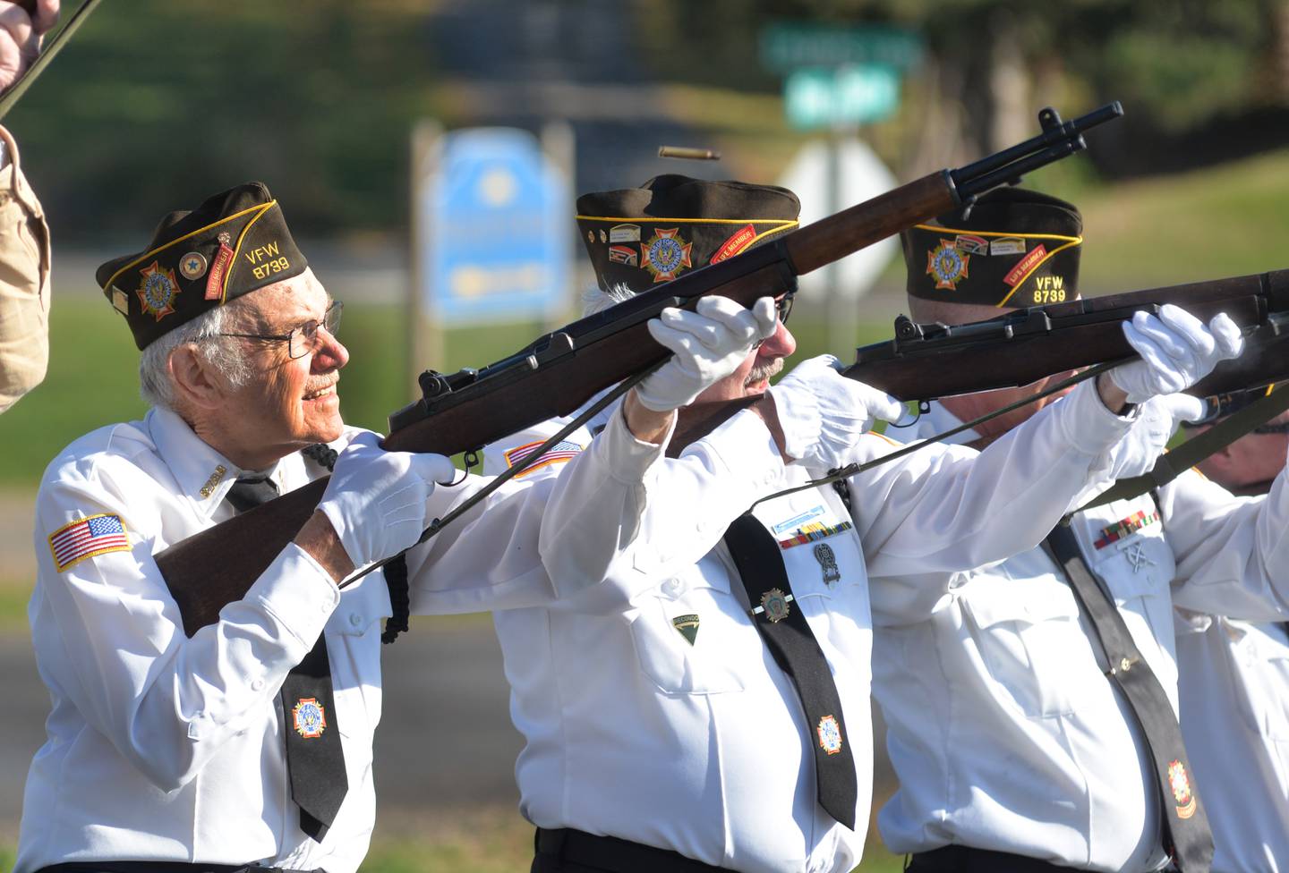 Oregon veteran Stan Eden takes part in the gun salute on Monday, Nov. 11, 2024 at the Oregon VFW in Oregon.
