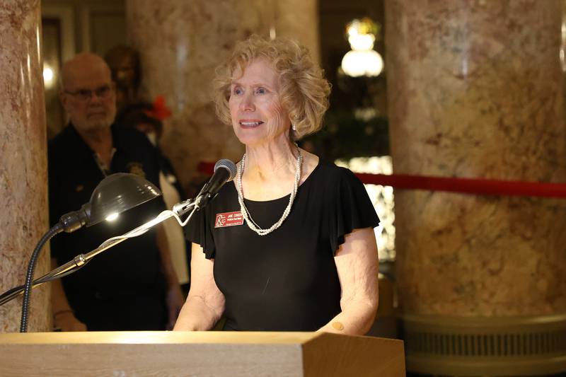 Jane Cordon shares some opening remarks at the Rialto Theater’s 100th anniversary celebration on Sunday, May 3, 2026 in Joliet.