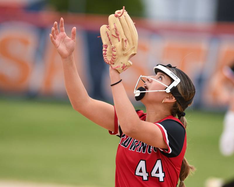 Benet Academy's Sofia Heggie (44) prepares to catch the ball for an out during the regional final game against Oswego on Friday May 22, 2026, that was held at Oswego High School.