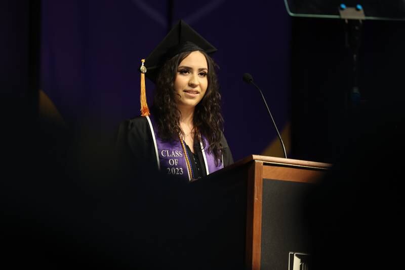 Andrea Barron gives her Student Speaker address at the Joliet Junior College Commencement Ceremony on Friday, May 19, 2023, in Joliet.