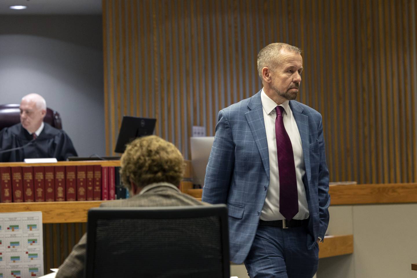 Jim Mertes, defense attorney for Kyle Cooper, appears in Whiteside County Circuit Court on Thursday, May 8, 2025, for a motion hearing. Seated (in foreground) is Whiteside County State's Attorney Colleen Buckwalter.
