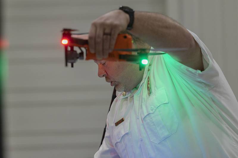 Dave Lohse, Deputy Chief of Dixon Fire, starts a demonstration at Sewer Equipment of Dixon of the department’s new rescue drone. A donation from the company, along with many others that came in from the area, helped make the purchasing and training of the device possible. Jim Shirk, engineering manager of Sewer Equipment of Dixon, died tragically while kayaking the Rock River. A drone such as this can help go towards saving lives.