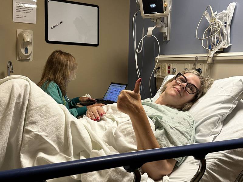 Geneva resident Jenn Henry giving a thumb's up for her third and final cancer surgery.  Henry has been speaking out during March as National Colorectal Cancer Awareness Month to tell her story and remind people to get their colonoscopy screenings.