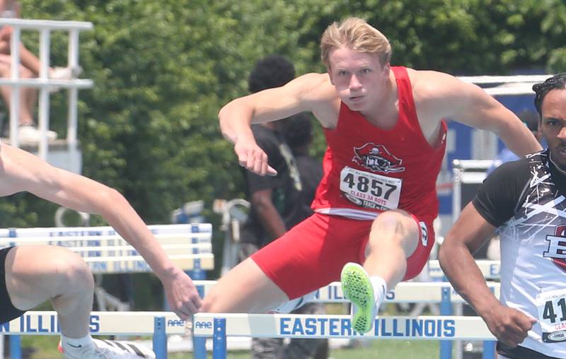 Ottawa's Weston Averkamp competes in the 110 meter hurdles during the IHSA Class 3A Boys Track & Field State Finals on Saturday, May 31, 2025 at Eastern Illinois University in Charleston.