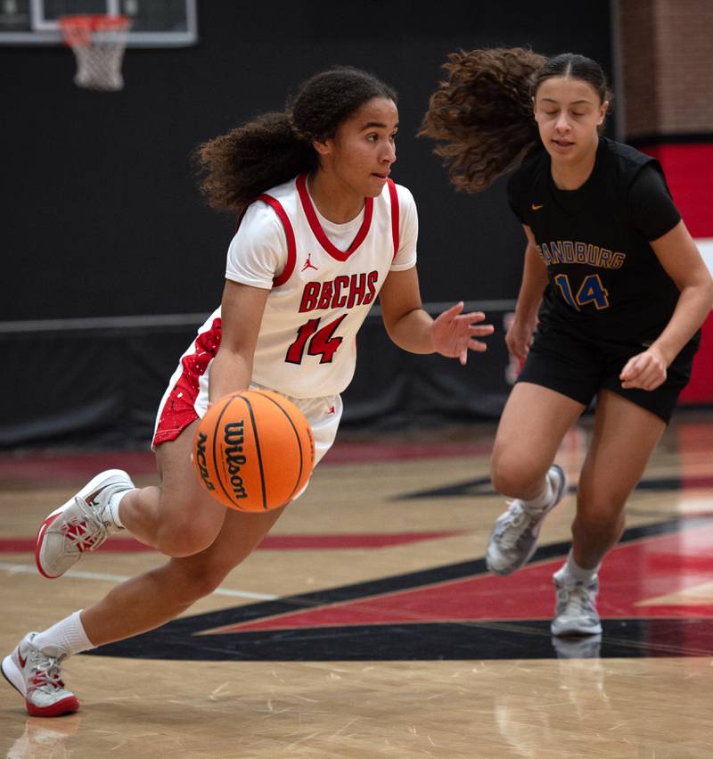 Bradley-Bourbonnais's Nia Lawrence controls the ball as Sandburg's Gabriella Aldrete, right, defends in a game on Saturday, January 3, 2026.