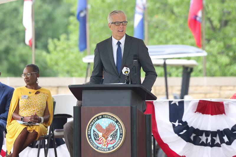 Denis McDonough, Secretary of Veteran Affairs, speaks at the National Cemetery Administration 50th Anniversary ceremony at the Abraham Lincoln National Cemetery in Elwood on Saturday, July 29.