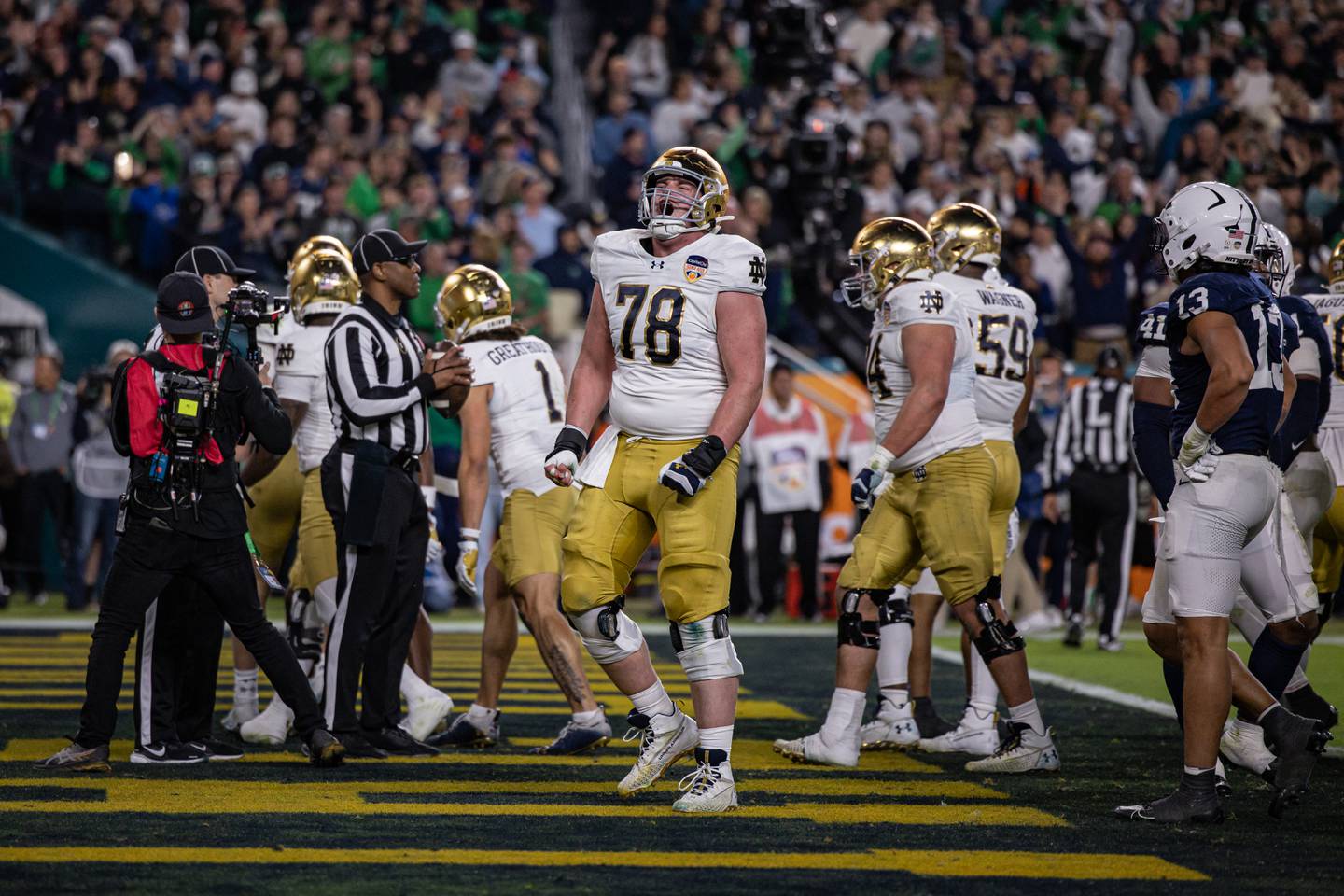Marist alumnus and Notre Dame offensive lineman Pat Coogan (78) celebrates during the Fighting Irish's College Football Playoff semifinal gave against Penn State. Coogan has stepped in and provided leadership for the Irish. Photo courtesy Notre Dame Athletics