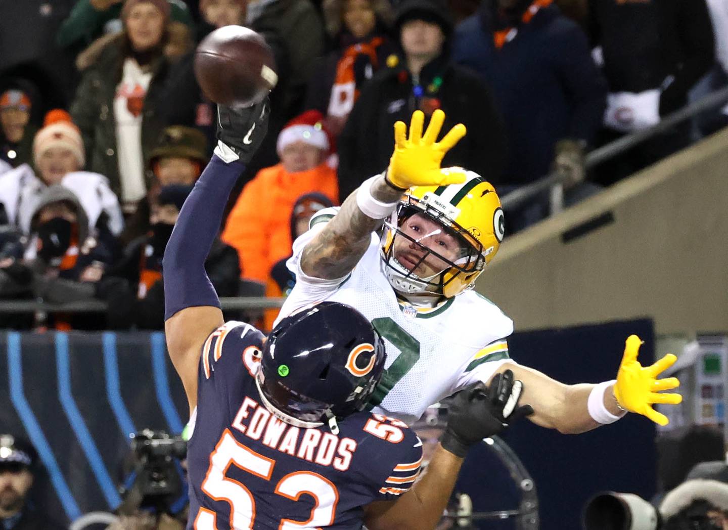 Chicago Bears linebacker T.J. Edwards breaks up a pass in the endzone intended for Green Bay Packers wide receiver Christian Watson Saturday, December 20, 2025, during their game at Soldier Field in Chicago.