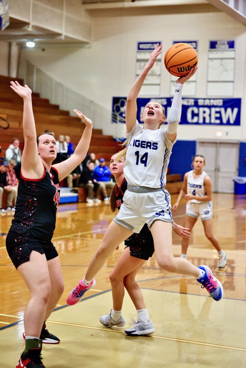 Princeton sophomore Payton Brandt shoots against E-P Tuesday night at Prouty Gym. The visiting Panthers won 51-40.