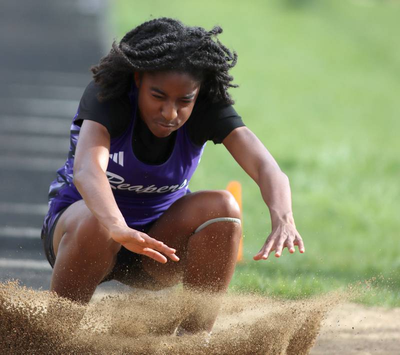 Plano’s Luniah Gilford competes in the long jump during KRC Conference Track Meet action at Marengo High School in Marengo on Tuesday, May 6, 2025.