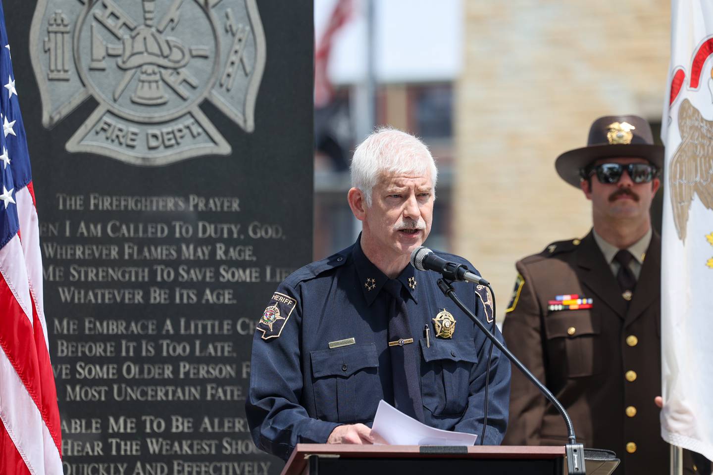 DuPage County Sheriff James Mendrick gives the memorial address during the annual Law Enforcement Officers Memorial Ceremony honoring Kankakee County officers, held on the lawn of the Kankakee County Courthouse on Thursday, May 15, 2025.