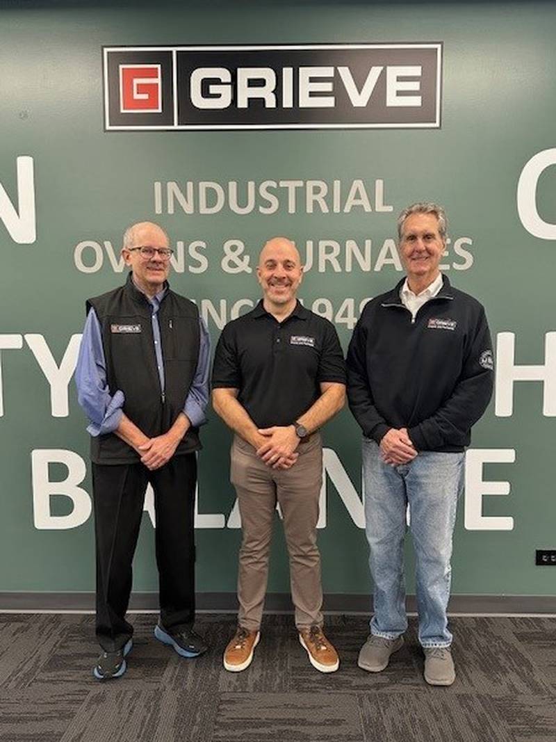 Frank Calabrese (from left) (vice president); Tony Caringella (president); and Doug Grieve (chairman of the board) of the Grieve Corp. The business is celebrating 75 years.