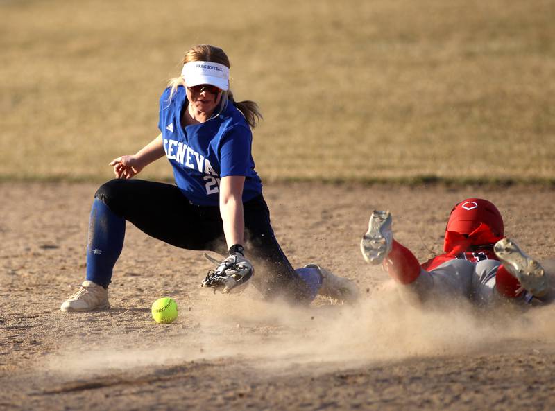 Geneva’s Brianna Venditti attempts an out at second during a game at West Aurora during a home game on Wednesday, March 16, 2022.