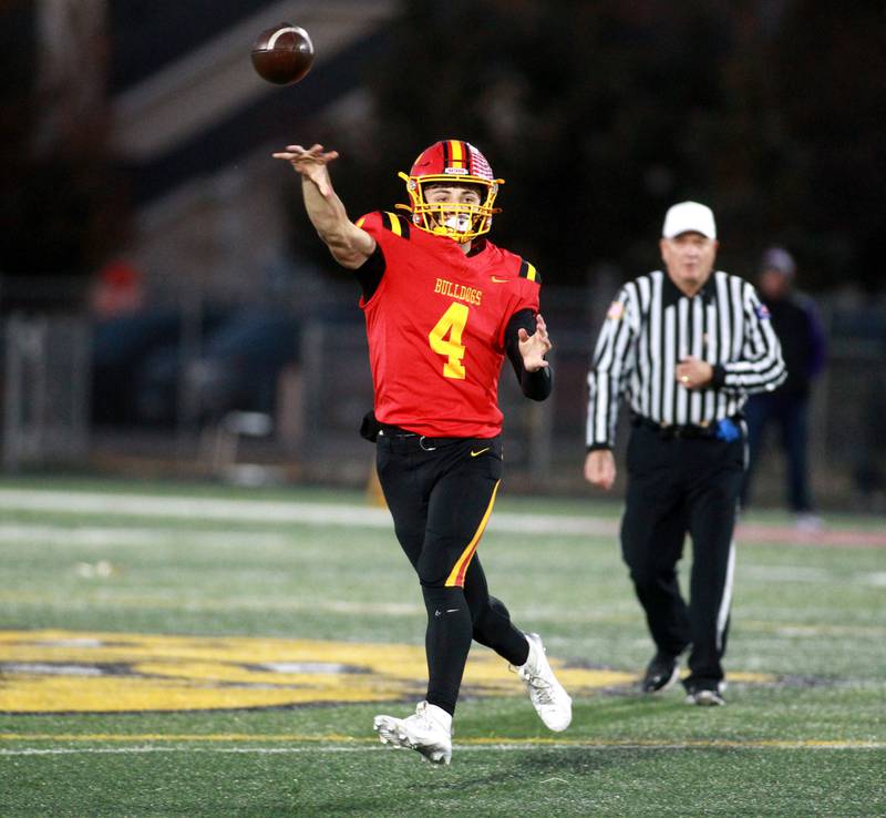 Batavia quarterback Bodi Anderson throws the ball during a Class 7A first-round game against Collinsville on Friday, Nov. 1, 2024 in Batavia.