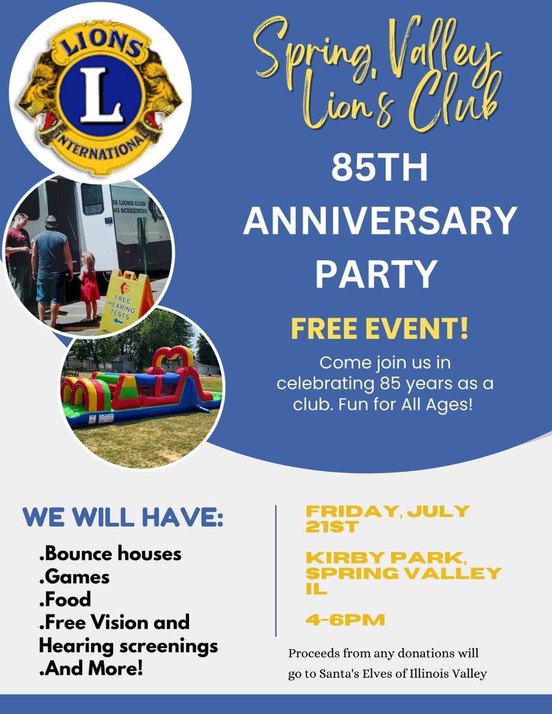 The party features games and bounce houses. Food will be provided. Vision and hearing tests are available for adults and children ages 10 and older.
