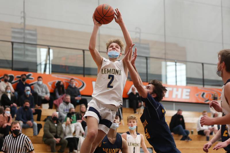 Lemont’s Rokas Castillo takes a shot against Neuqua Valley in the Warrior Showdown shootout at Lincoln-Way West. Saturday, Jan. 29, 2022 in New Lenox.