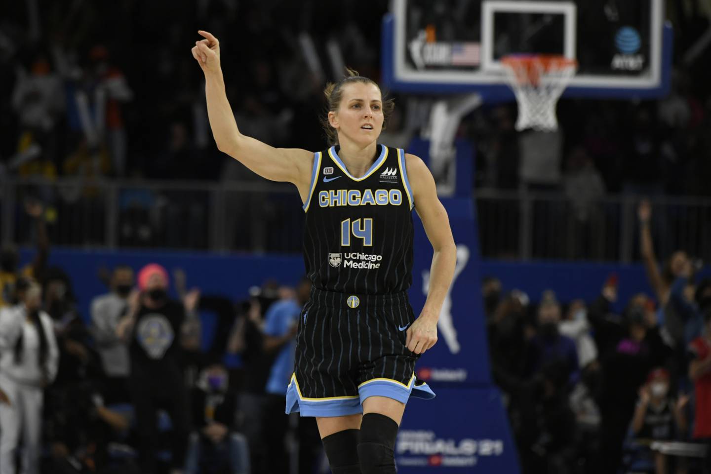 Chicago Sky's Allie Quigley (14) celebrates after making a basket during the final minutes of Game 4 of the WNBA Finals against the Phoenix Mercury, Sunday, Oct. 17, 2021, in Chicago.