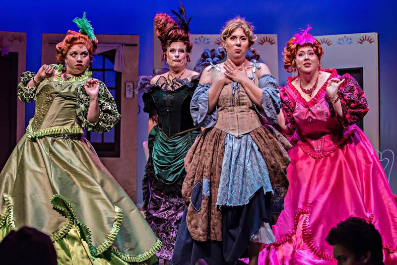 Joy (from left), stepmother, Cinderella and Grace in Theatre 121's production of the Rodgers and Hammerstein musical "Cinderella."