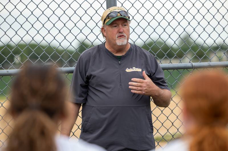 St. Bede Coach, Rick Pyszka talks with team after win on Tuesday, May 27, 2025 at Illinois Valley Central High School in Chillicothe.