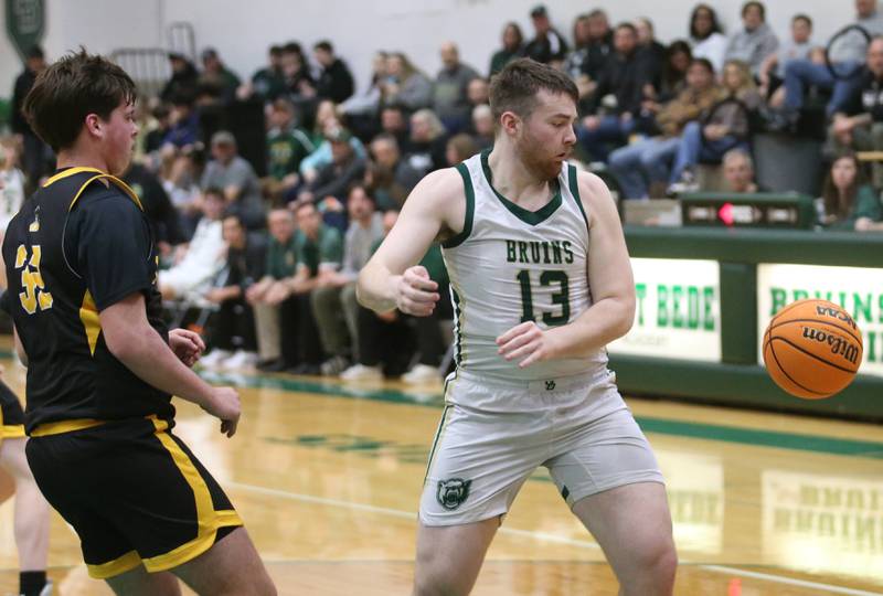 The ball gets away from St. Bede's Mason Ross as Ashton-Franklin Center's Nolan Rueff defends the lane during the Class 1A Regional quarterfinal game on Monday, Feb. 24, 2025 at St. Bede Academy.