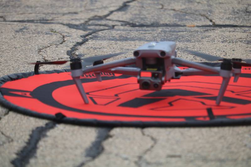 One of the DeKalb Police Department's drones is seen Oct. 22, 2025, preparing to take off outside the former GE plant in DeKalb.