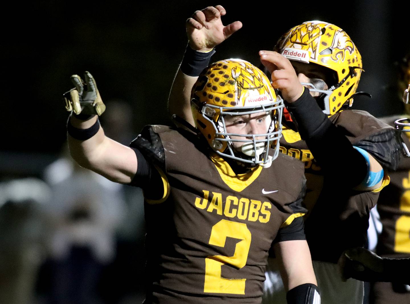 Jacobs’ Caden DuMelle is greeted in the end zone after a touchdown against Bradley-Bourbonnais in first-round IHSA football playoff action on Friday, Nov. 1, 2024, at  Jacobs High School  in Algonquin.