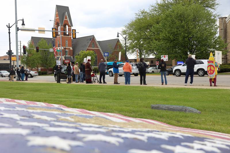 Protesters begin to gather during the May Day Strong rally at the Kankakee County Courthouse on May 1, 2026, as part of a national day of action.