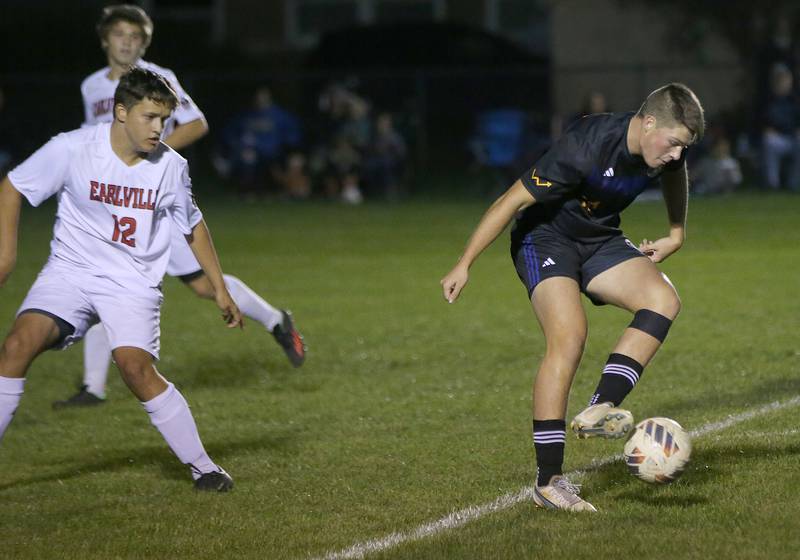 Somonauk's Lance Grandgeorge dribbles the ball away from Earlville's Grady Harp in the Little Ten Conference championship game on Thursday, Oct. 5,  2023 at Hinckley High School.