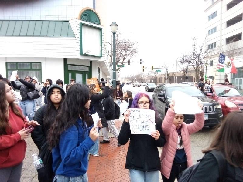 Joliet high school students gathered in downtown Joliet as part of a nationwide student walkout to protest actions by  Immigrations and Customs Enforcement on Friday, Feb. 6, 2026.