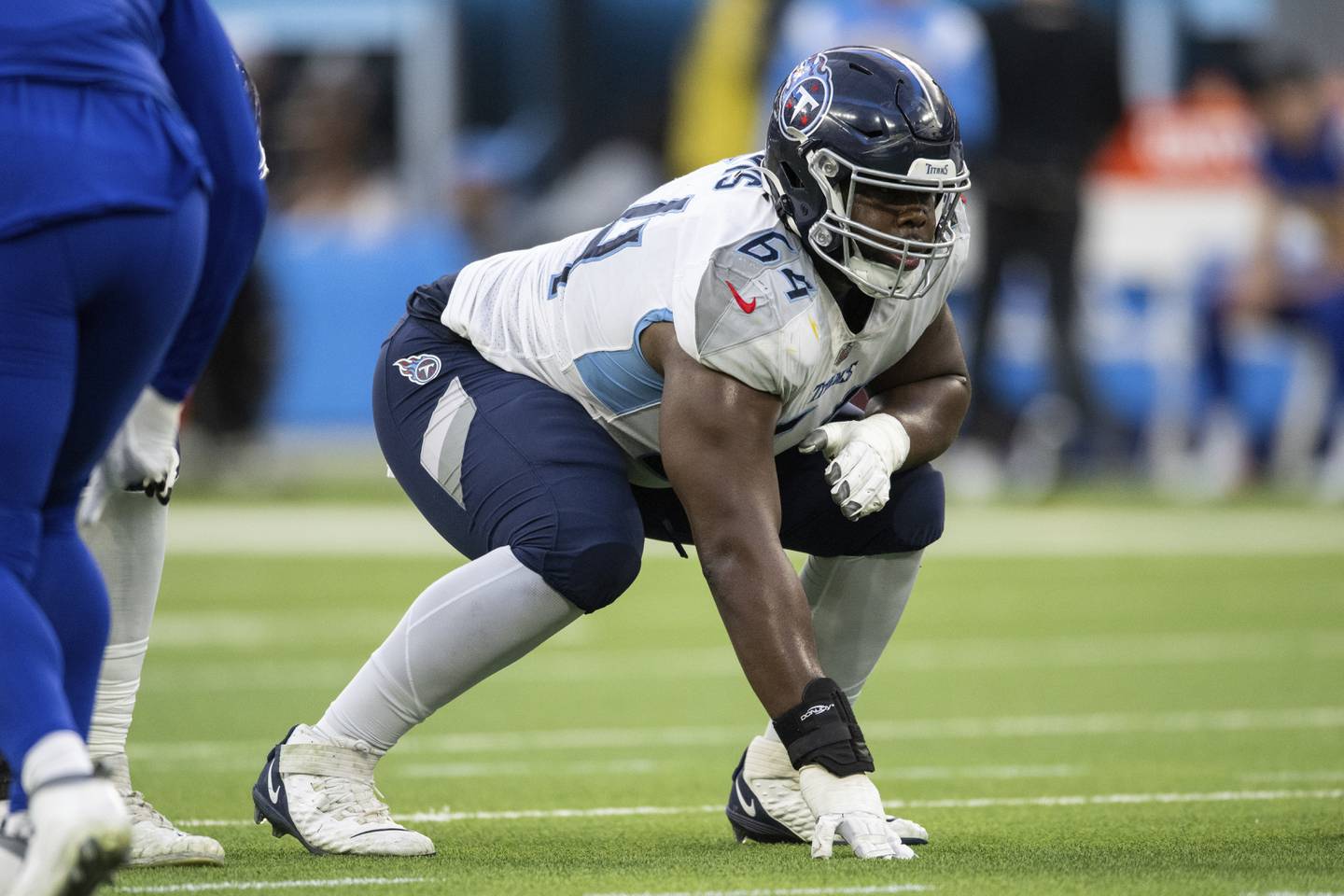 Tennessee Titans guard Nate Davis takes his stance during a game against the Los Angeles Chargers, Sunday, Dec. 18, 2022, in Inglewood, Calif.